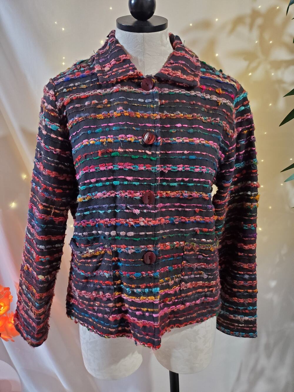 Parsley & Sage Funky Multicolor Rainbow Woven Boho Jacket Womens S Art to Wear